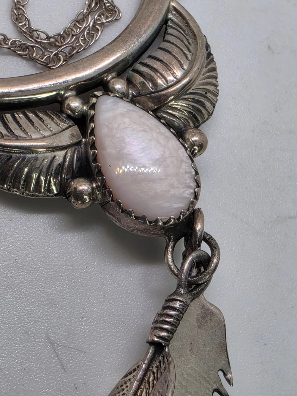 Vintage Native American Sterling Silver MOP White Dangle Feather Necklace Signed